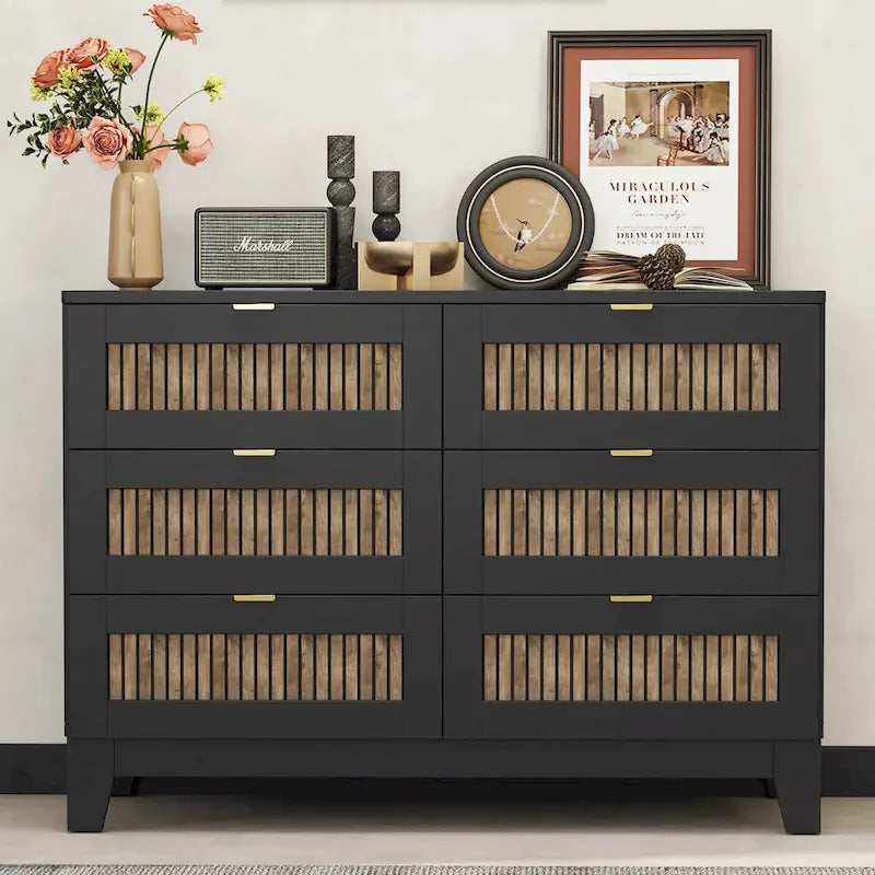 Rustic Farmhouse Style Wooden Dresser with 6 Drawers, Storage Cabinet for Bedroom with Metal Handles