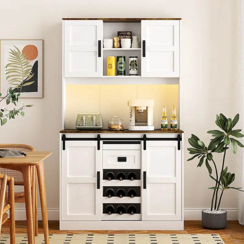 Farmhouse Bar Cabinet with Sliding Barn Door, Large Kitchen Buffet Rustic Coffee Bar Sideboard Table,White