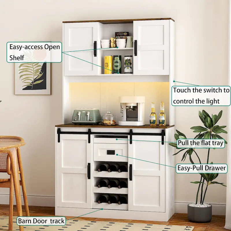 Farmhouse Bar Cabinet with Sliding Barn Door, Large Kitchen Buffet Rustic Coffee Bar Sideboard Table,White