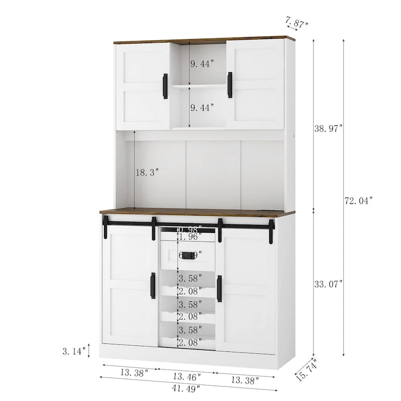 Farmhouse Bar Cabinet with Sliding Barn Door, Large Kitchen Buffet Rustic Coffee Bar Sideboard Table,White