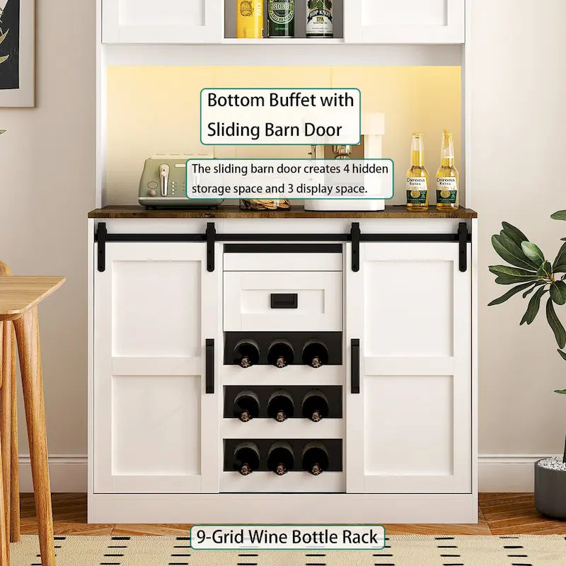 Farmhouse Bar Cabinet with Sliding Barn Door, Large Kitchen Buffet Rustic Coffee Bar Sideboard Table,White
