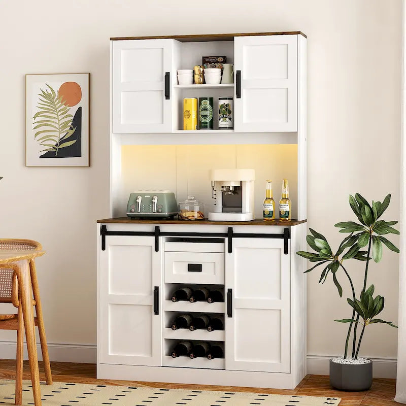 Farmhouse Bar Cabinet with Sliding Barn Door, Large Kitchen Buffet Rustic Coffee Bar Sideboard Table,White