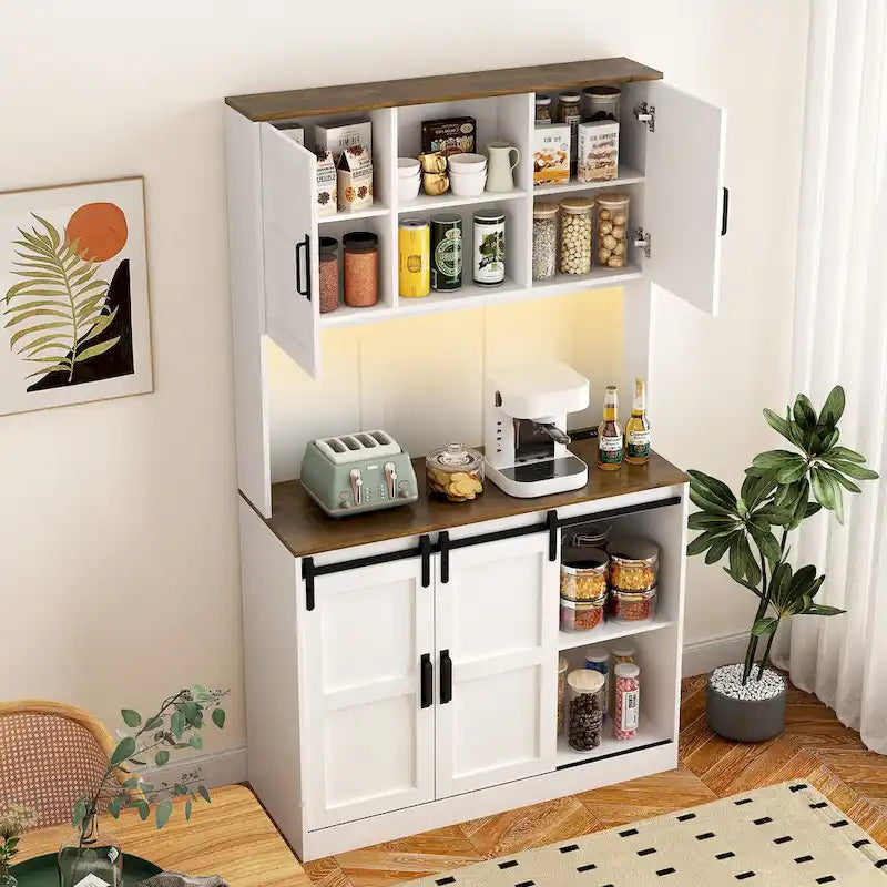 Farmhouse Bar Cabinet with Sliding Barn Door, Large Kitchen Buffet Rustic Coffee Bar Sideboard Table,White