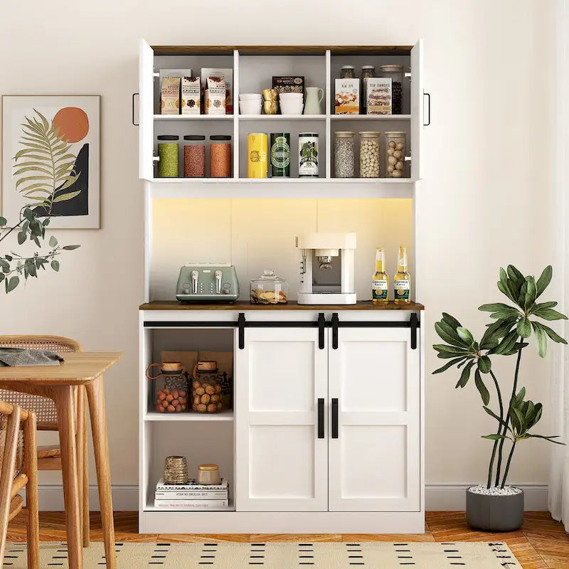 Farmhouse Bar Cabinet with Sliding Barn Door, Large Kitchen Buffet Rustic Coffee Bar Sideboard Table,White