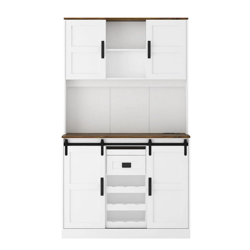 Farmhouse Bar Cabinet with Sliding Barn Door, Large Kitchen Buffet Rustic Coffee Bar Sideboard Table,White