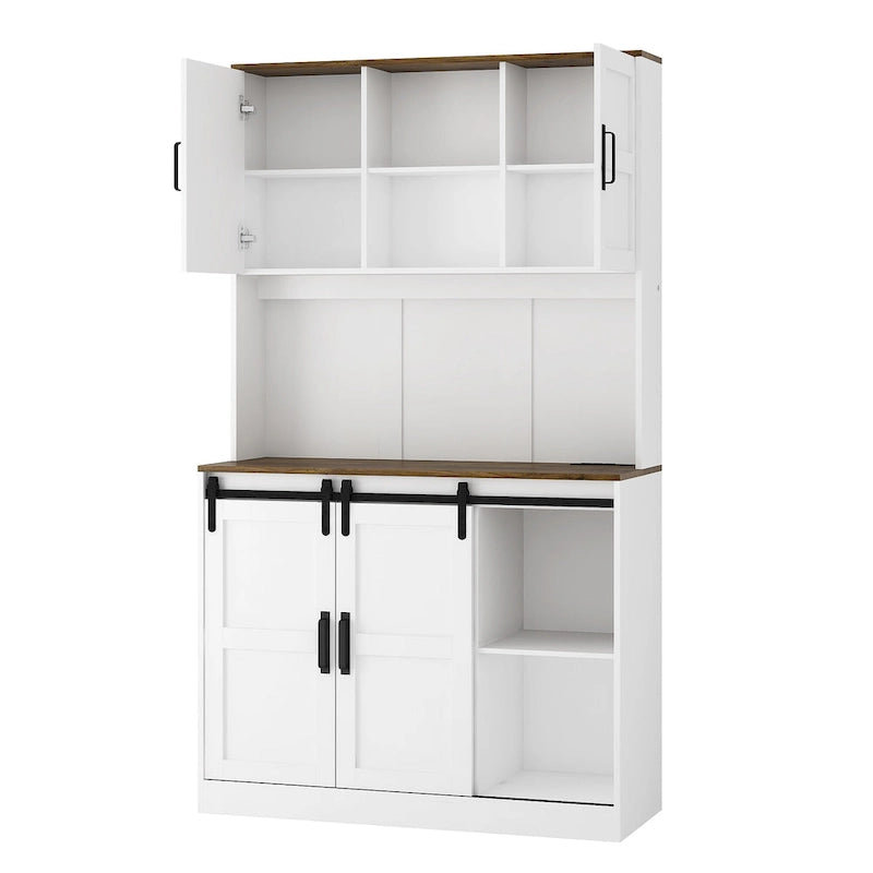 Farmhouse Bar Cabinet with Sliding Barn Door, Large Kitchen Buffet Rustic Coffee Bar Sideboard Table,White